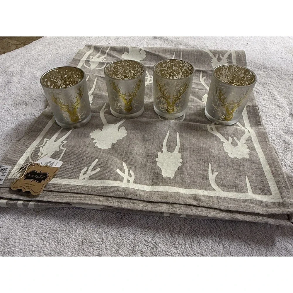 Mud Pie Deer Table Runner & 4 Frosted Mercury Glass Stag Votive Holders NWT